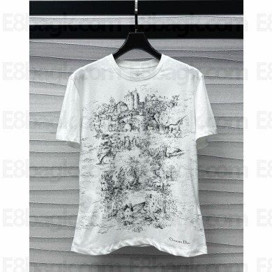 Dior T-Shirt White Cotton and Linen Jersey with Black Toile de Jouy Scotland Motif 1101-2024