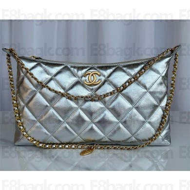 CHANEL Metallic Calfskin & gold-Tone Metal large Hobo Handbag AS5498 silver 2025