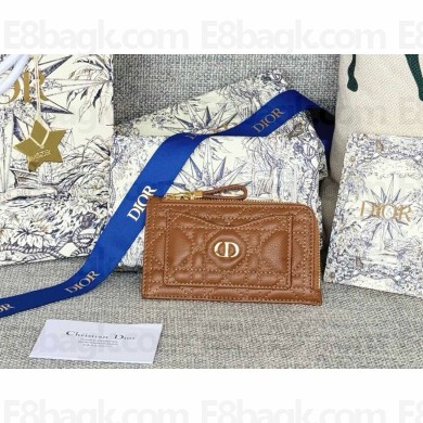 Dior Caro Cosmos Zipped Card Holder Brown Supple Cannage Calfskin 1112-2024