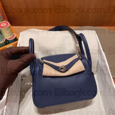 Hermes Mini Lindy 19cm Bag in original togo leather blue saphire with silver hardware(handmade)