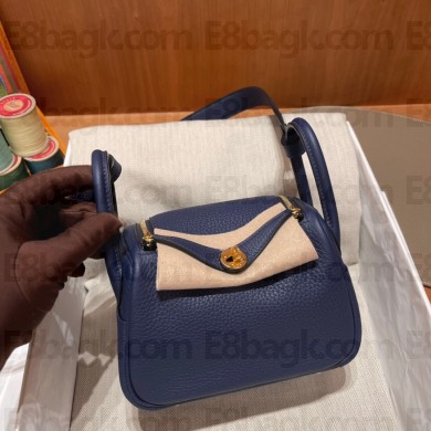 Hermes Mini Lindy 19cm Bag in original togo leather blue saphire with gold hardware(handmade)