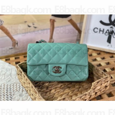 Chanel Mini Classic Flap Handbag A69900 in caviar leather mint green with silver hardware