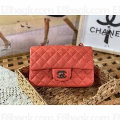 Chanel Mini Classic Flap Handbag A69900 orange red in caviar leather with silver hardware