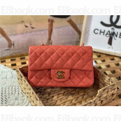 Chanel Mini Classic Flap Handbag A69900 in caviar leather orange red with gold hardware