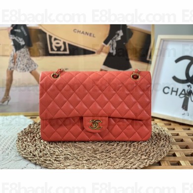 Chanel Medium Classic Flap Handbag A01112 in Caviar Leather orange red with Gold Hardware