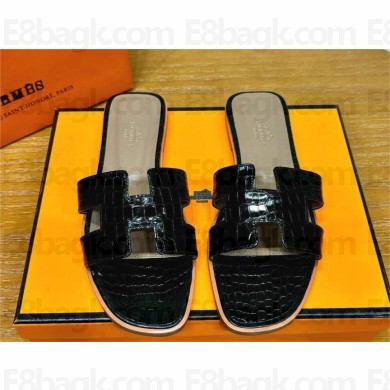 Hermes Oran Flat slippers in aligátor LEATHER black 2024