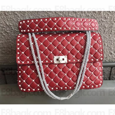 Valentino Rockstud Spike Chain Bag in Lambskin Leather White Stud/Red 2018