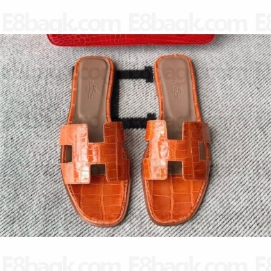 Hermes Oran Flat slippers in aligátor LEATHER  Orange Poppy 2024