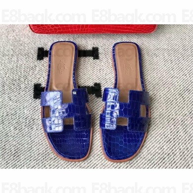 Hermes Oran Flat slippers in aligátor LEATHER Bleu Electrique 2024
