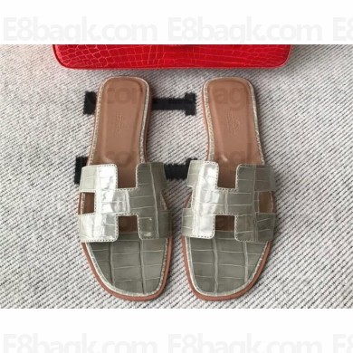 Hermes Oran Flat slippers in aligátor LEATHER gray 2024