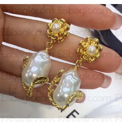 Celine Flower Pearl Earrings Gold/White 2018