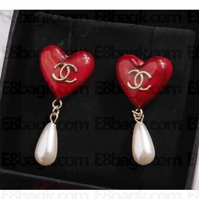 Chanel Heart Pearl Short Earrings Red 2018