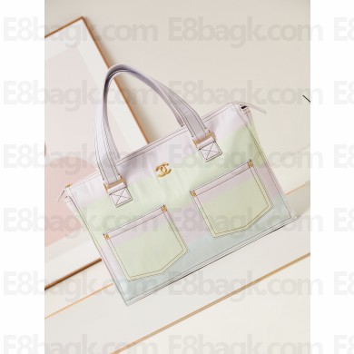 CHANEL Printed Denim & Gold-Tone Metal Light Pink, Light Yellow & Light Blue Shopping Bag AS4719 2024