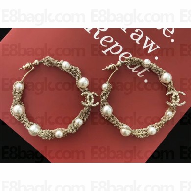 Chanel Chain and Peal Hoop Earring Gold/White 2018