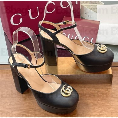 Gucci Women's platform pump with Double G Black leather 813002 heel 11.5cm 2025