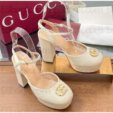 Gucci Women's platform pump with Double G cream leather 813002 heel 11.5cm 2025