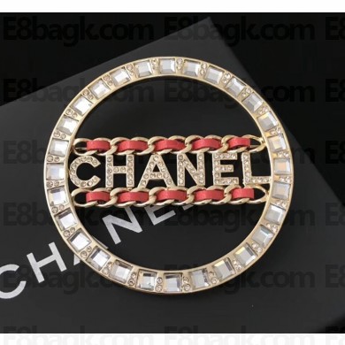 Chanel 'CHANEL' Crystal Hoop Brooch Red Leather 2018