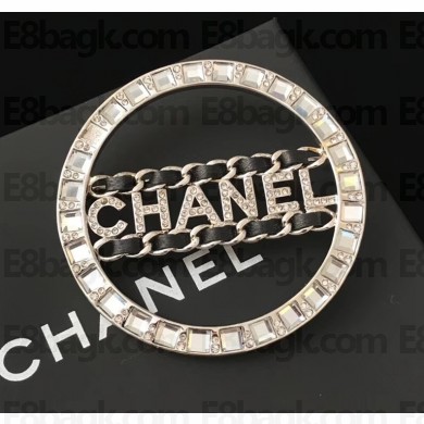 Chanel 'CHANEL' Crystal Hoop Brooch Black Leather/Silver 2018