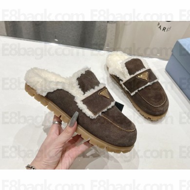 Prada Triangle Logo Shearling Slippers suede leather coffee 2024