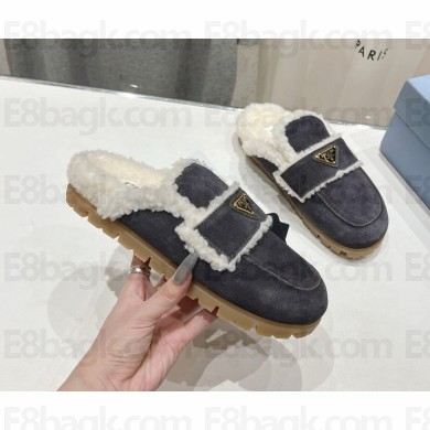 Prada Triangle Logo Shearling Slippers suede leather grey 2024