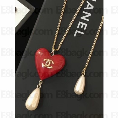 Chanel Pearl Heart Pendant Sweater Long Necklce Red 2018