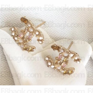 Chanel Beads CC Stud Earrings Pale Pink/White/Light Gray 2018