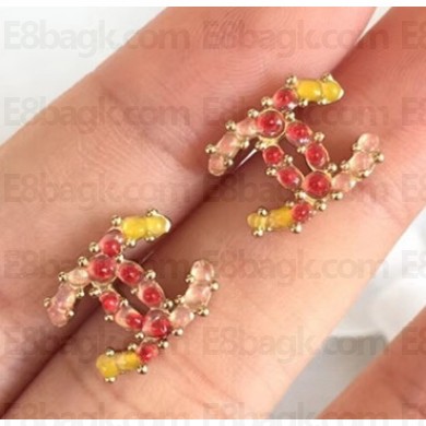 Chanel Beads CC Stud Earrings Pale Pink/Red/Yellow 2018
