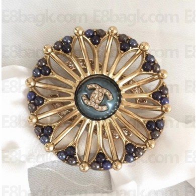 Chanel Beads Bloom Round Brooch Blue/Gold 2018