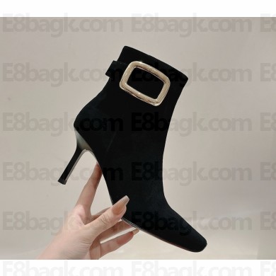 roger vivier suede leather square buckle ankle boots in black heel 7cm  2024