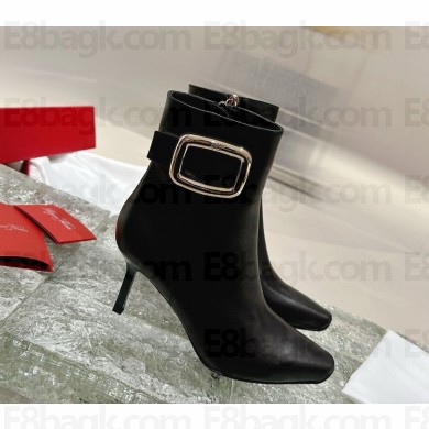 roger vivier leather square buckle ankle boots in black heel 7cm  2024