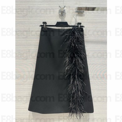 PRADA Feather-trimmed wool midi-skirt BLACK 2024