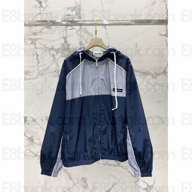 Miu Miu Technical silk zipper blouson jacket Blue/Lead Gray 2025