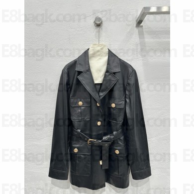 CHLOE BLACK Belted glossed textured-leather jacket 2025