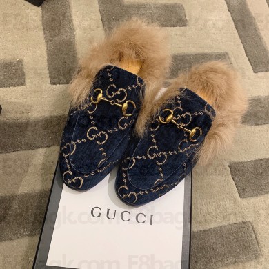 Gucci Princetown GG Velvet Fur Slipper navy Blue 2020