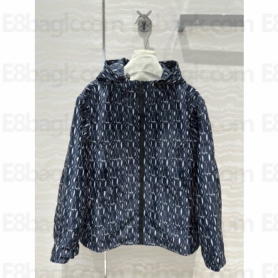 DIOR White Technical Taffeta Jacquard with Navy Blue Miss Dior Allover Motif Waterproof Hooded Jacket 2024