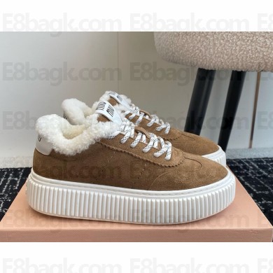 Miu Miu suede leather sneakers with shearling brown 1031-2024