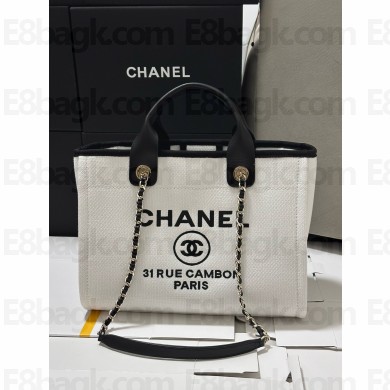 CHANEL MEDIUM WHITE& BLACK Cotton Canvas & Gold-Tone Metal SHOPPING BAG 2025