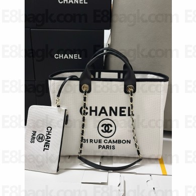 CHANEL LARGE WHITE& BLACK Cotton Canvas & Gold-Tone Metal SHOPPING BAG 2025