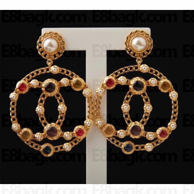 Chanel CC Hoop Clip-on Earrings with Multicolor Stones AB0271 Gold 2018