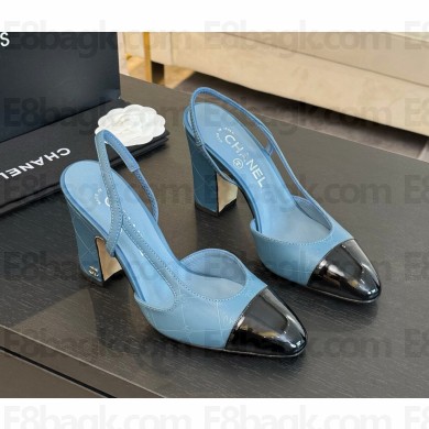 Chanel Slingbacks Printed Lambskin & Patent Calfskin blue & Black G45509 heel 9.5cm 1023-2024