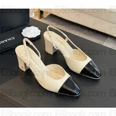 Chanel  Slingbacks Printed Lambskin & Patent Calfskin Ivory & Black G31318 heel 6.5cm 1023-2024
