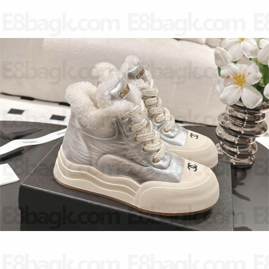 Chanel shearling lace-up boots silver 2024