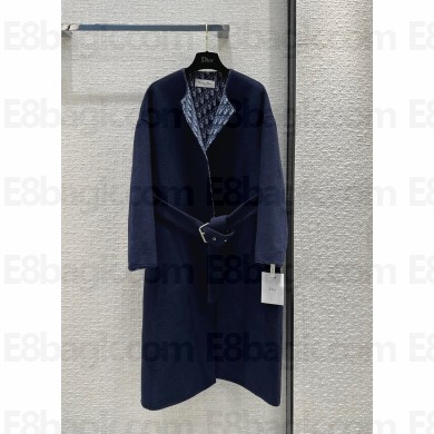 DIOR Navy Blue Double-Sided Wool with Dior Oblique Interior Coat with Belt 2023