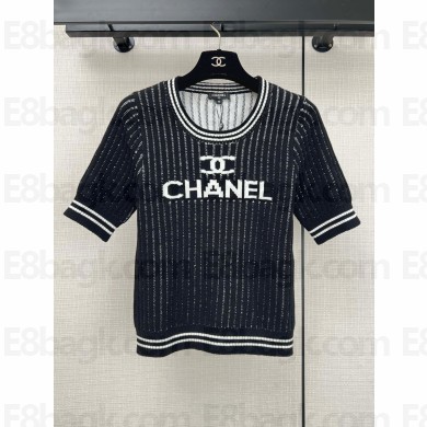 CHANEL black striped T-shirt 2024 SPRING