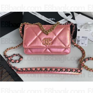 Chanel 19 Shiny Lambskin Wallet On Chain WOC Bag AP3267 pink 2023