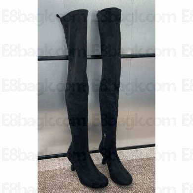 Hermes Heel 7.5cm knee high boots in stretch suede goatskin Black 1031-2024