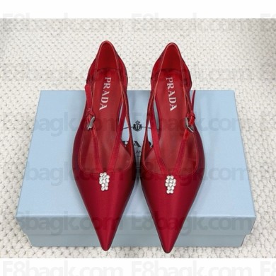 Prada Satin cut-out flat Upper with jeweled ornament and metal buckle red 1031-2024