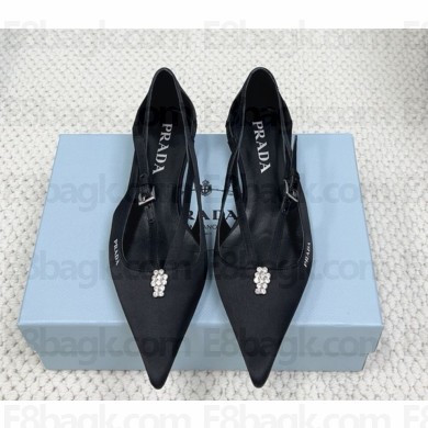 Prada Satin cut-out flat Upper with jeweled ornament and metal buckle black 1031-2024
