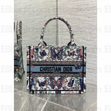 Dior small Book Tote bag in White and Blue Toile de Jouy Papillon Embroidery 2025