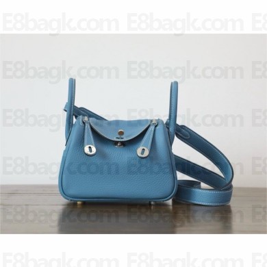 Hermes Mini Lindy 19cm Bag in original  taurillon clemence leather Blue Jean with silver hardware(handmade)